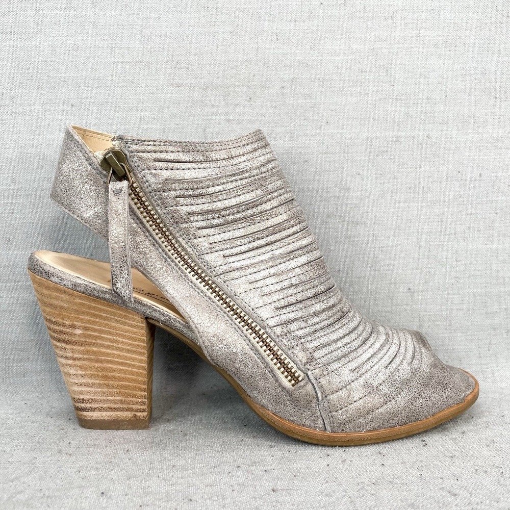 Paul Green Womens 6 8.5 Cayanne Smoke Metallic Leather Shoe Peep Toe Bootie Heel